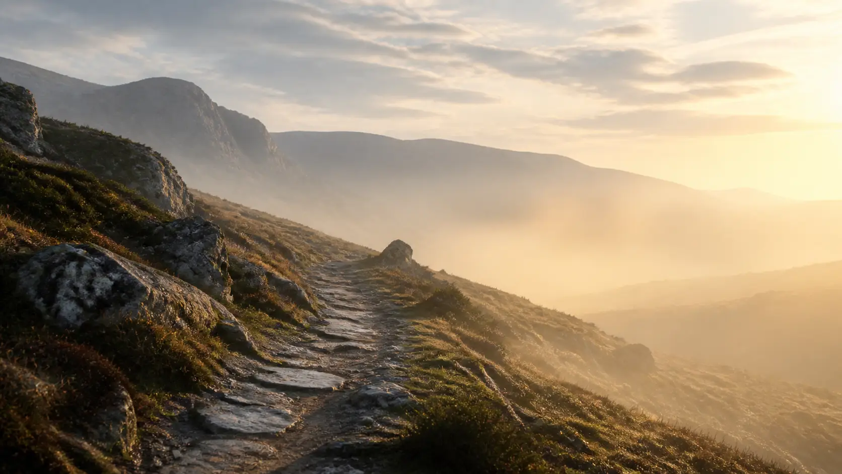 Caminho de montanha iluminado ao amanhecer, simbolizando transformação e maestria
